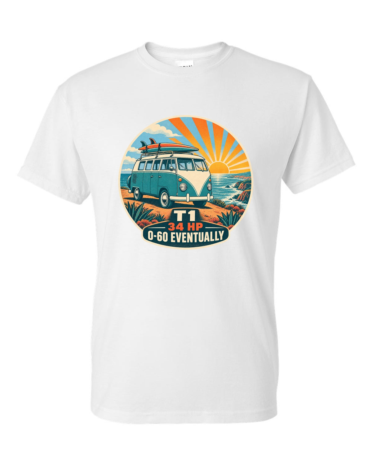 Two-colour silkscreen sunburst print of a 1962 VW Bus T1 split-window with 34 HP lettering white t-shirt front view with the design