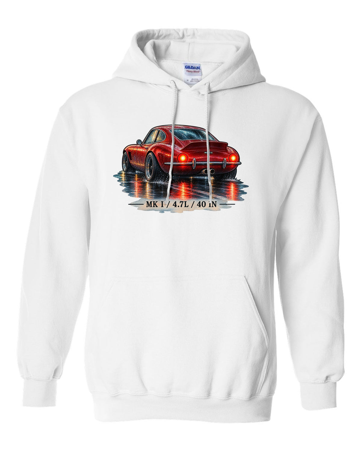 Watercolour of a Ford GT40 Mk I on a wet night road with 4.7L lettering white pull over hoodie front view with the design