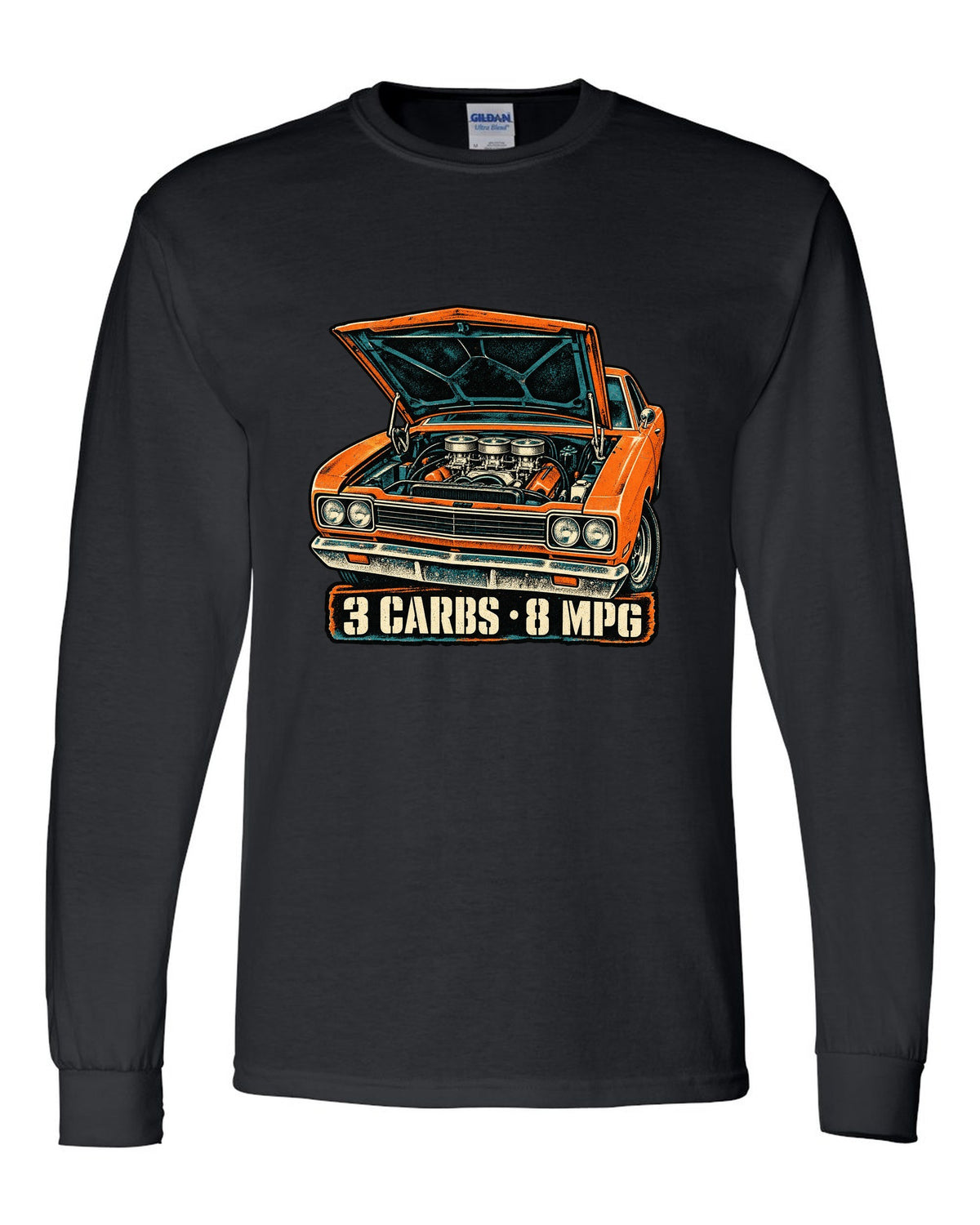 Four-colour grunge screen-print of a 1969 Plymouth Road Runner Six Pack with 3 carbs 8 MPG text black long sleeve front view with the design