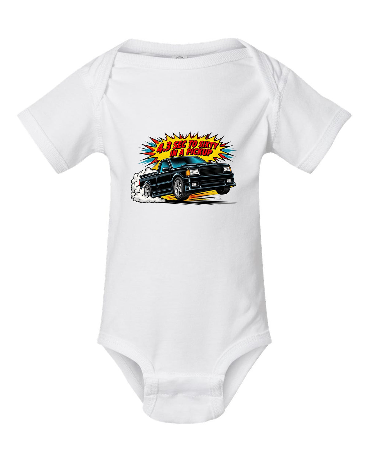 Comic halftone pop-art launch burst print of a 1991 GMC Syclone with 4.3 sec to sixty text white baby onesie front view with the design