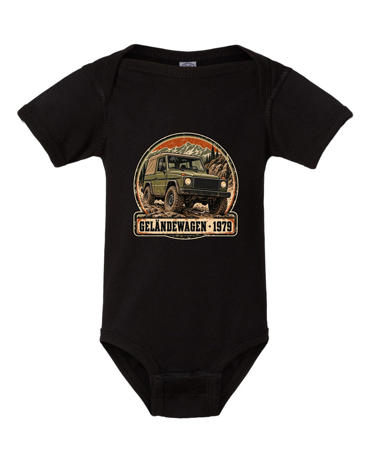 Flat minimal vector graphic of keys on a dish reading 12 MPG Worth It for a Mercedes G63 W464, print black baby onesie front view with the design