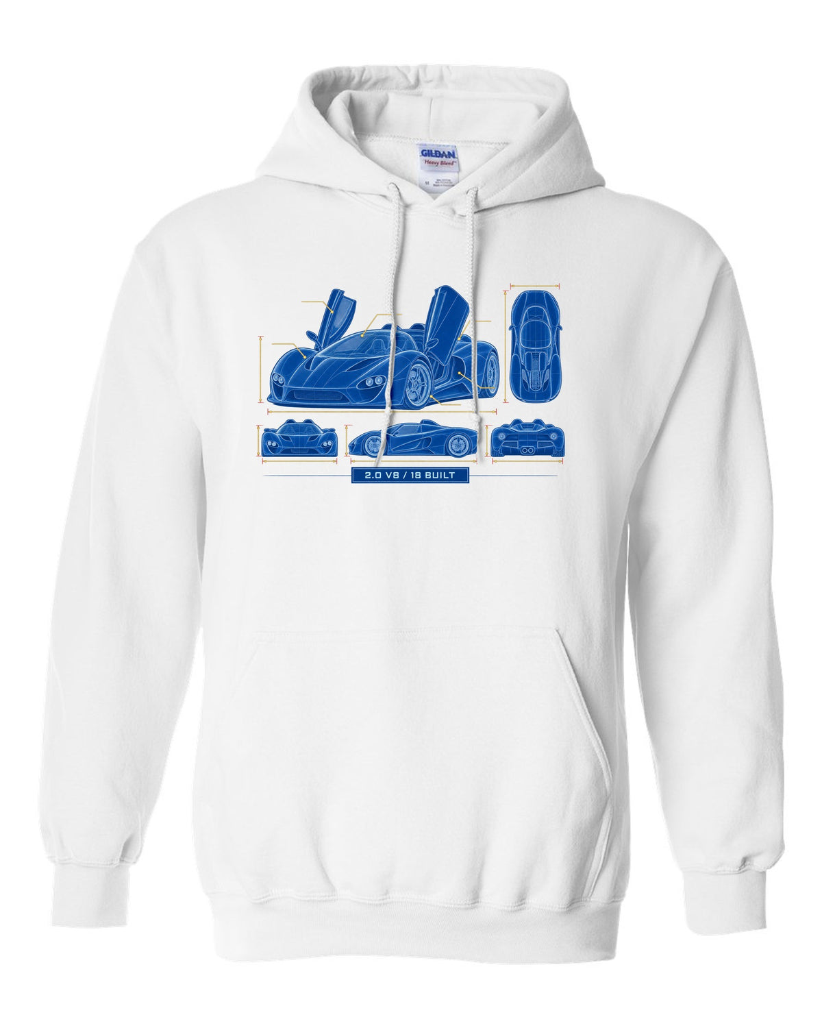 Cyanotype negative blueprint of an Alfa Romeo 33 Stradale with 2.0 V8 and 18 built white pull over hoodie front view with the design