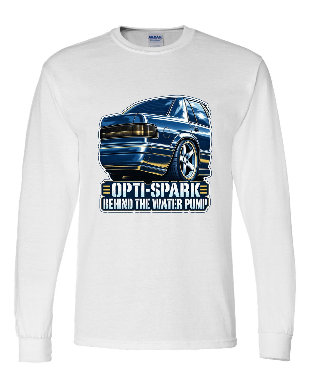 Blue cyanotype print of a 1994-96 Chevrolet Impala SS LT1 wheel with the text Opti-Spark Behind the Water Pump white long sleeve front view with the design