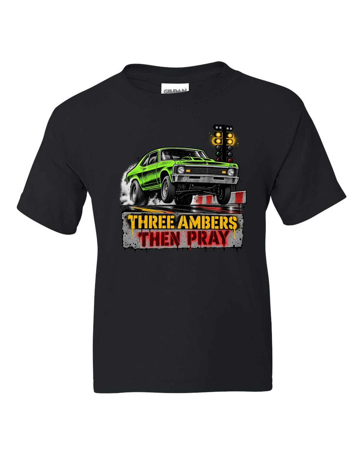 Stencil spray street art of a 1971 Chevrolet Nova at the drag strip starting line black kids tee front view with the design