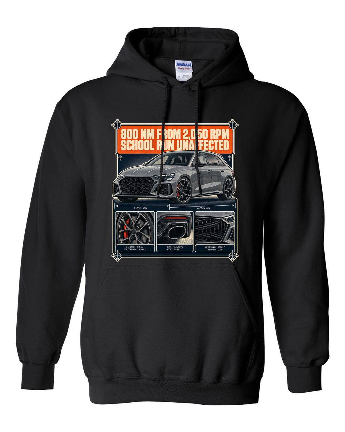 Dossier panels for the Audi RS6 Avant C8 noting 800 Nm from 2,050 rpm black pull over hoodie front view with the design