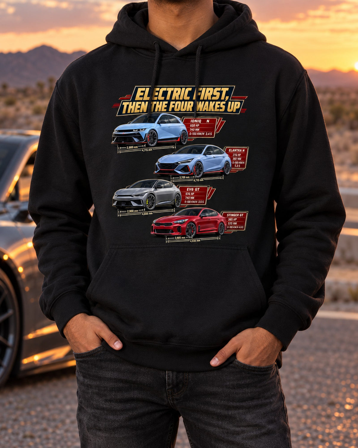 Polestar 1 Spec Poster Shirt, Electric First Then the Four Pull Over Hoodie Black worn hero