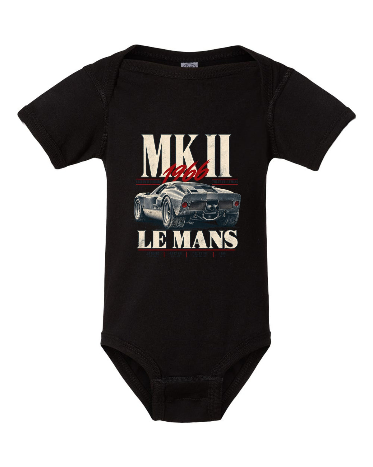 Editorial print of a 1966 Ford GT40 Mk II rear three-quarter view with Le Mans distance black baby onesie front view with the design