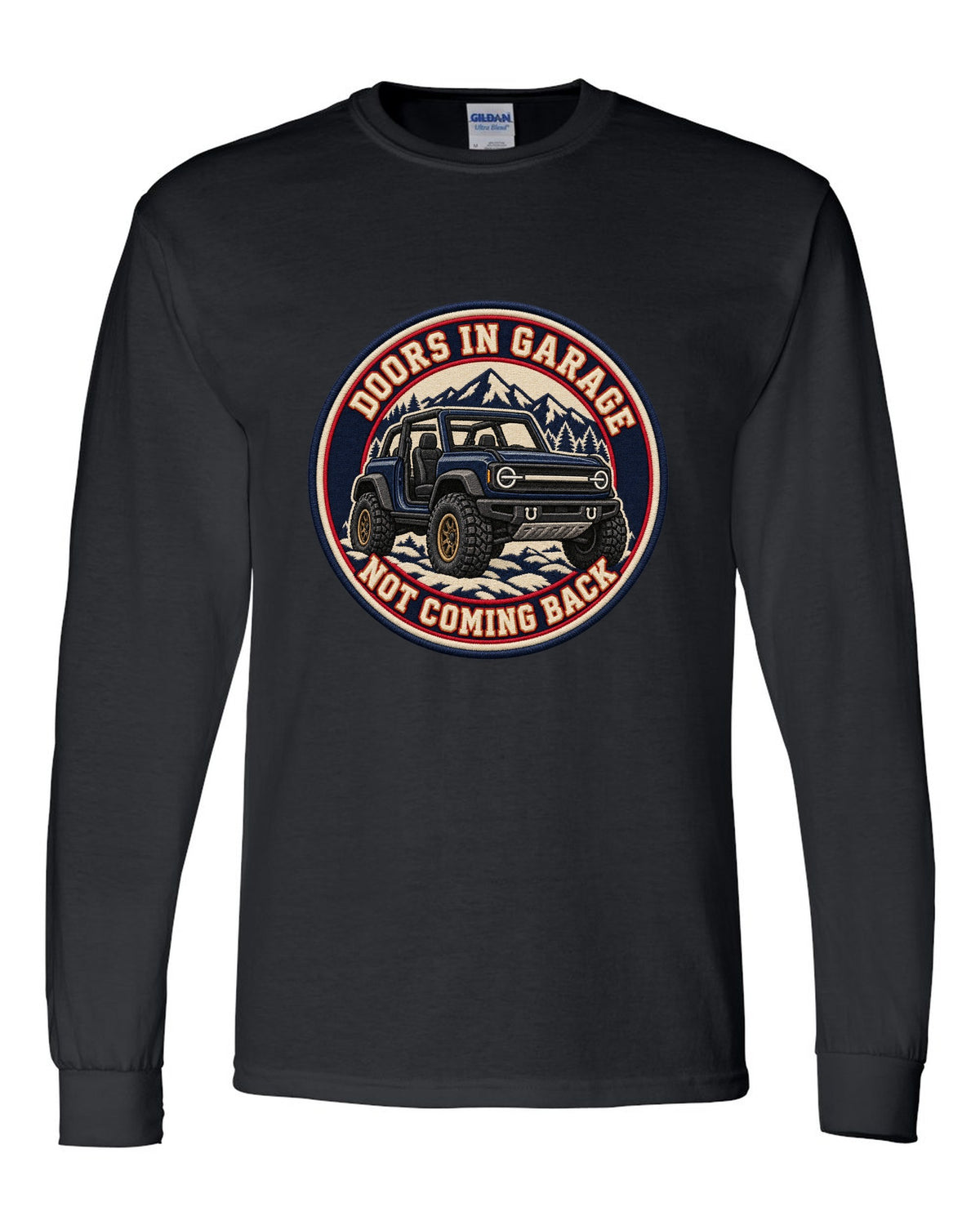Embroidery-style varsity crest of a 2021 Ford Bronco with doors and roof off at the beach black long sleeve front view with the design