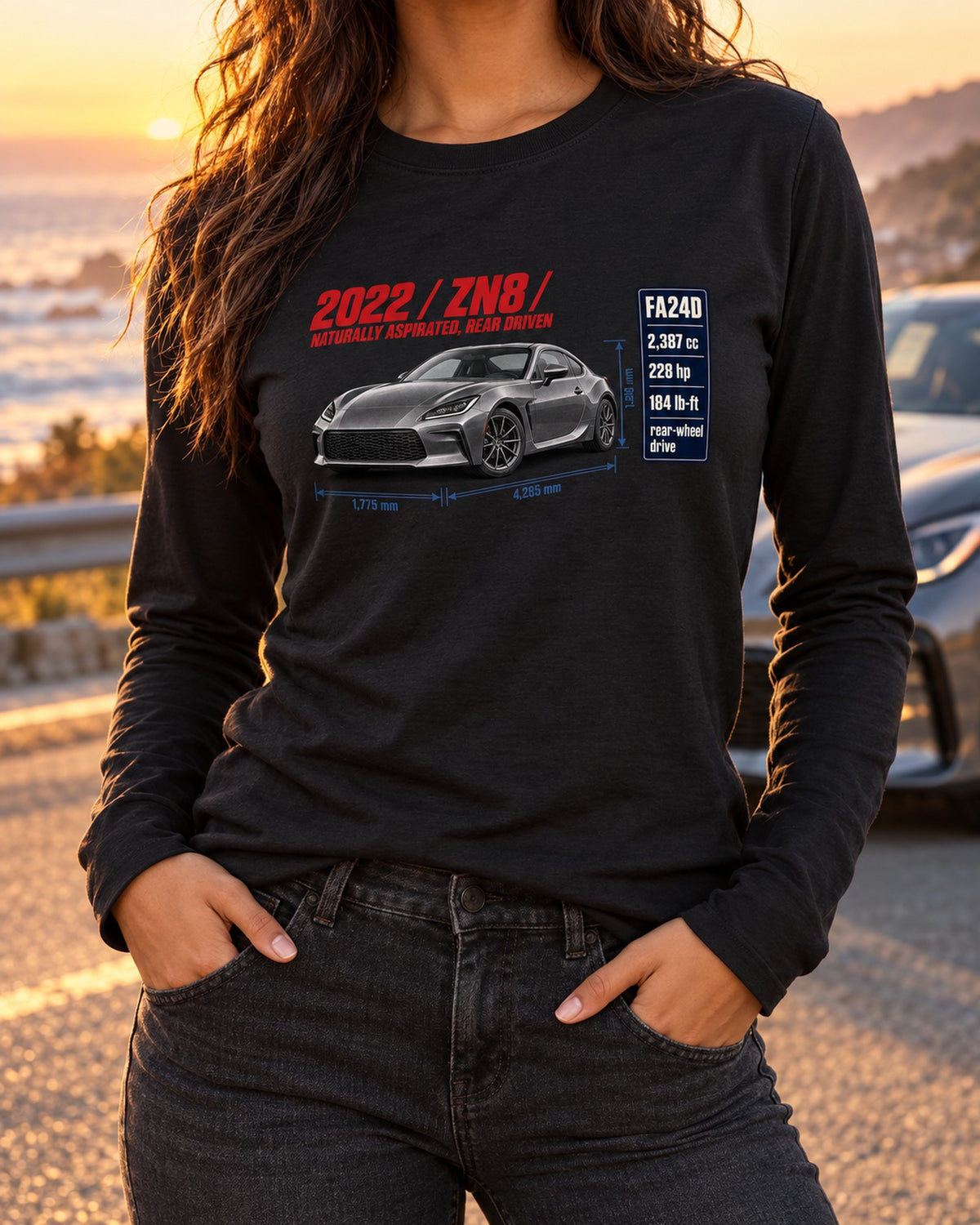 Toyota GR86 ZN8 Spec Poster Shirt, Rear-Drive NA Car Tee Long Sleeve Black worn hero