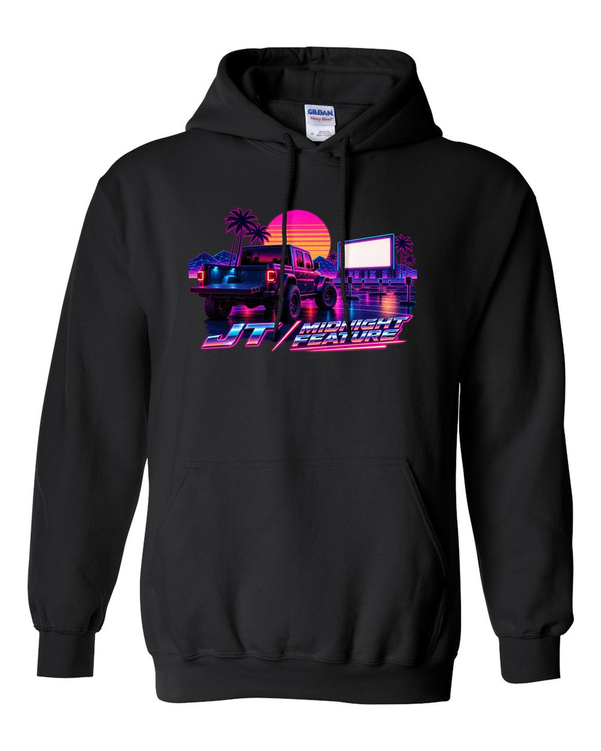 Jeep Gladiator JT synthwave outrun neon grid horizon with JT midnight feature text black pull over hoodie front view with the design