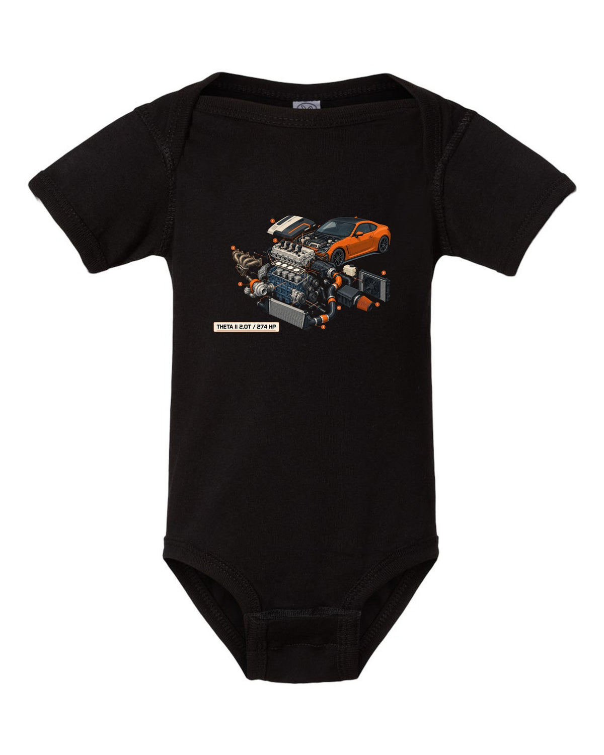 Hyundai Genesis Coupe BK2 isometric exploded cutaway print with Theta II 2.0T and 274 HP black baby onesie front view with the design