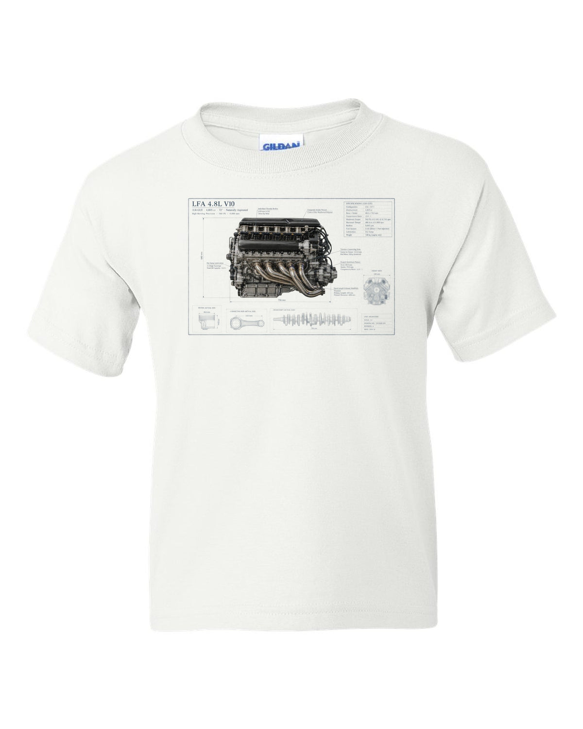 Aero cutaway callouts on the Lexus LFA Nurburgring Package white kids tee front view with the design