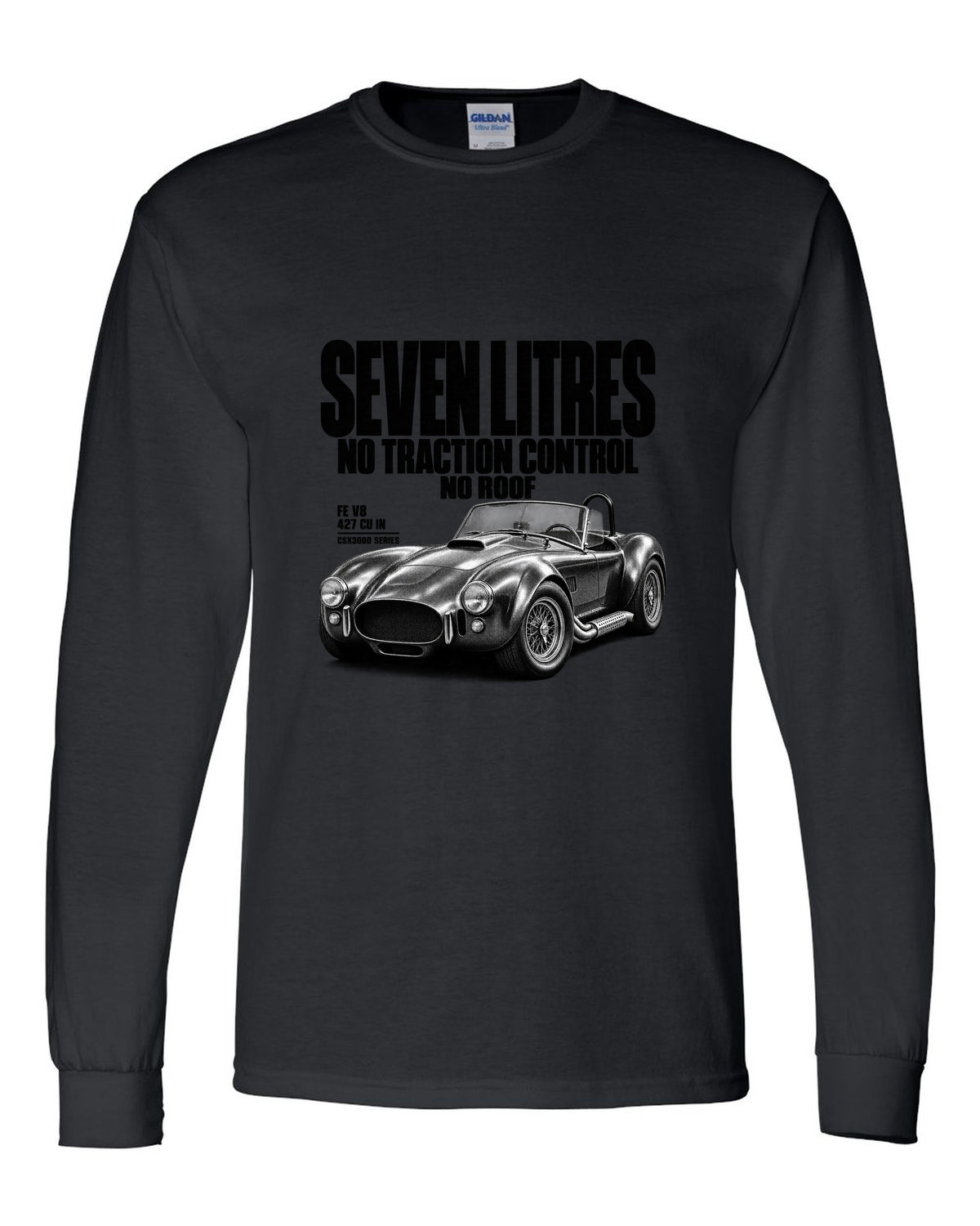 Shelby Cobra 427 Side-Oiler Halftone black long sleeve front view with the design