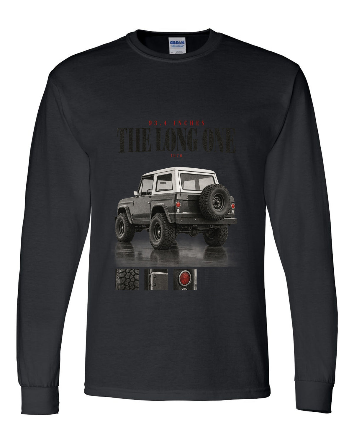 Editorial headline print for the Jeep CJ-7, 93.4 Inches The Long One black long sleeve front view with the design