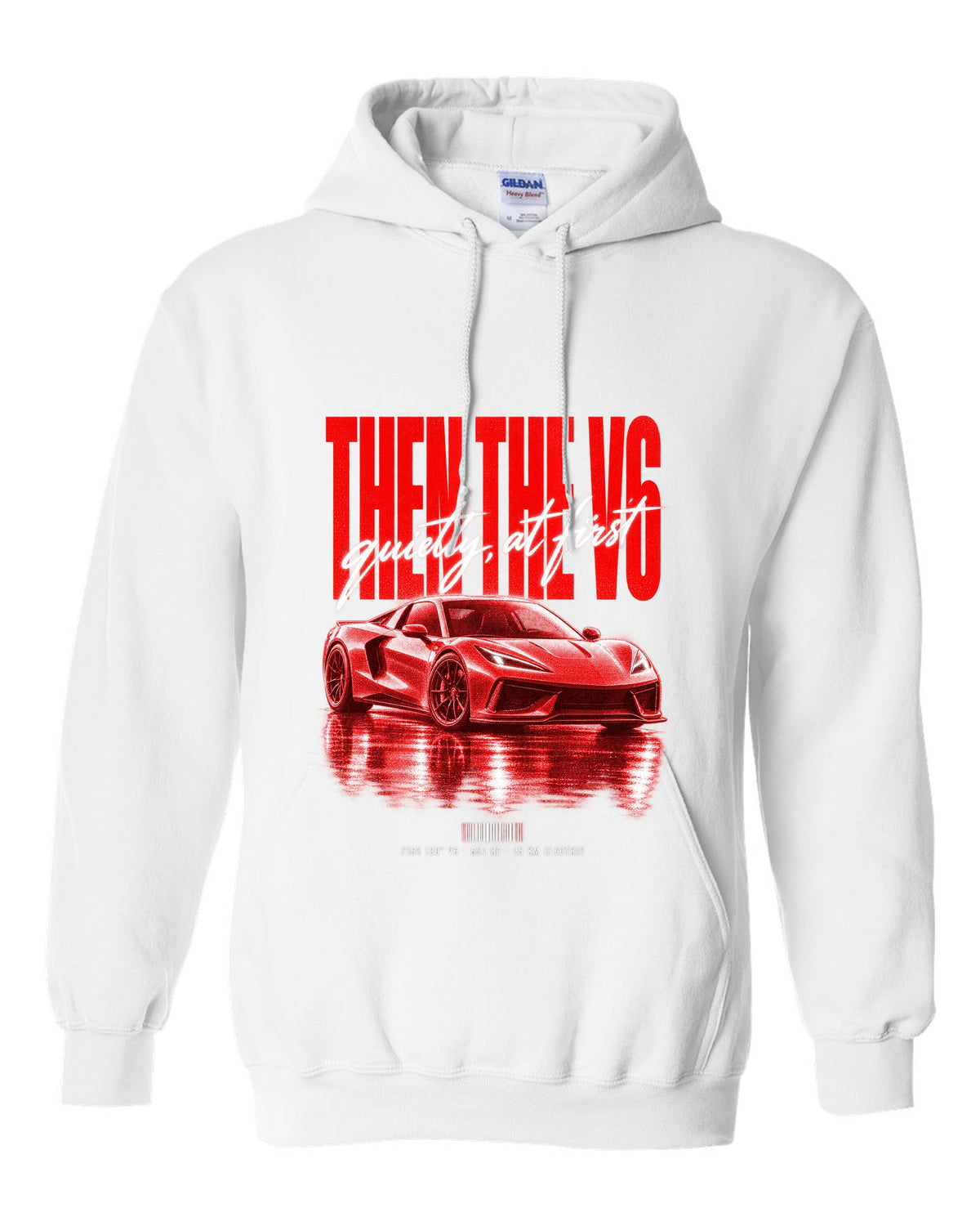 Ferrari 296 GTB 2022 street poster print, F163 120 degree V6, 654 HP, 25 km electric white pull over hoodie front view with the design