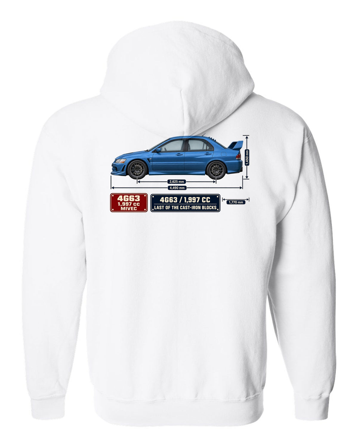Lancer Evolution IX MR Blueprint white zip hoodie back view with the design