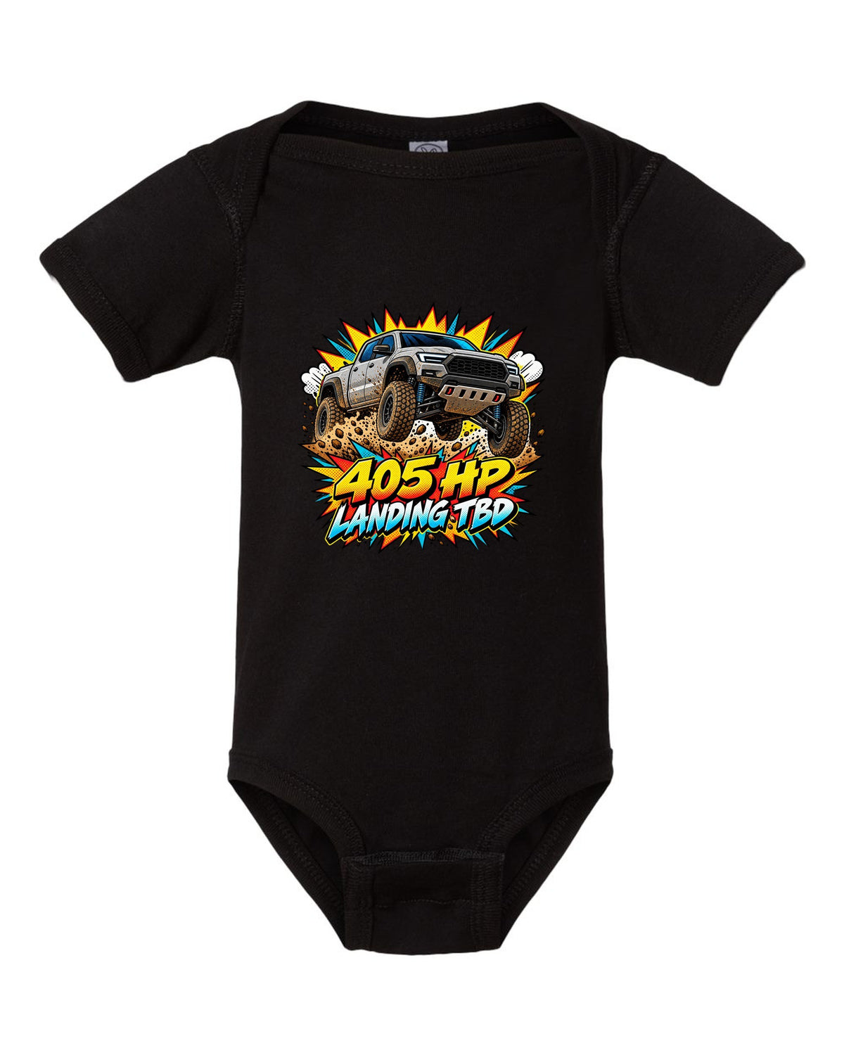 Ford Ranger Raptor P703 mid-jump in a comic pop-art burst print black baby onesie front view with the design