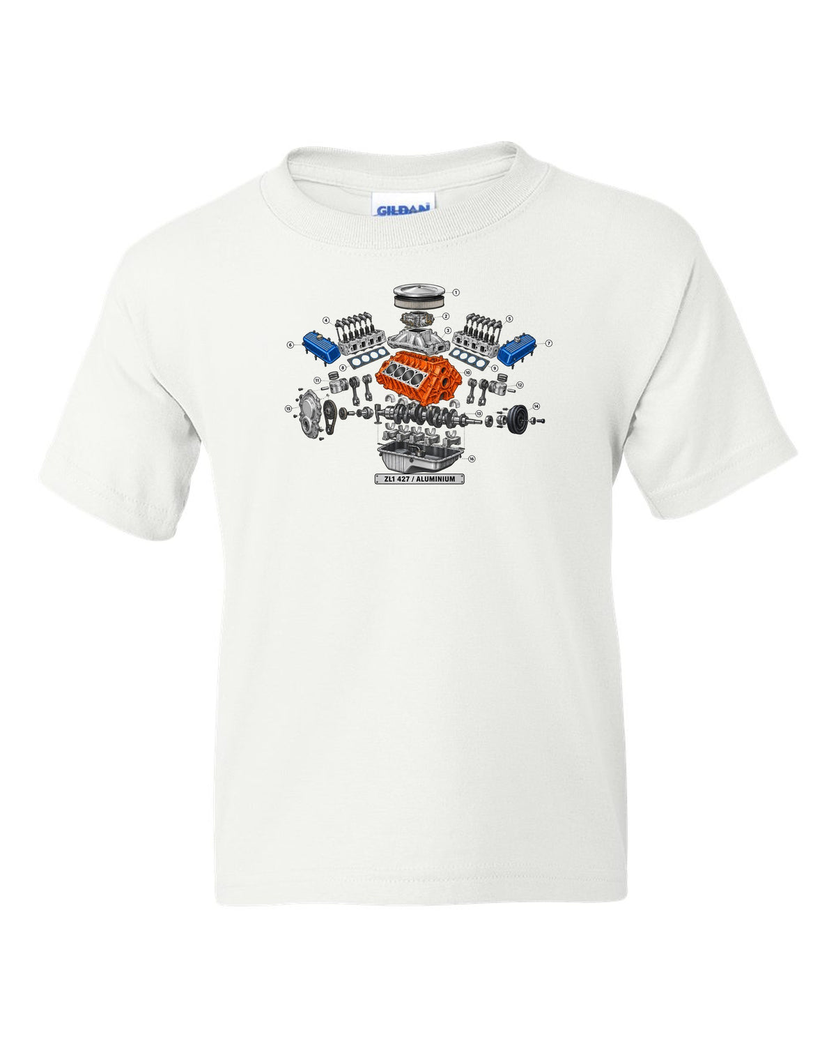 Isometric exploded diagram with numbered callouts of the 1969 Chevrolet Camaro ZL1 427 aluminum engine white kids tee front view with the design