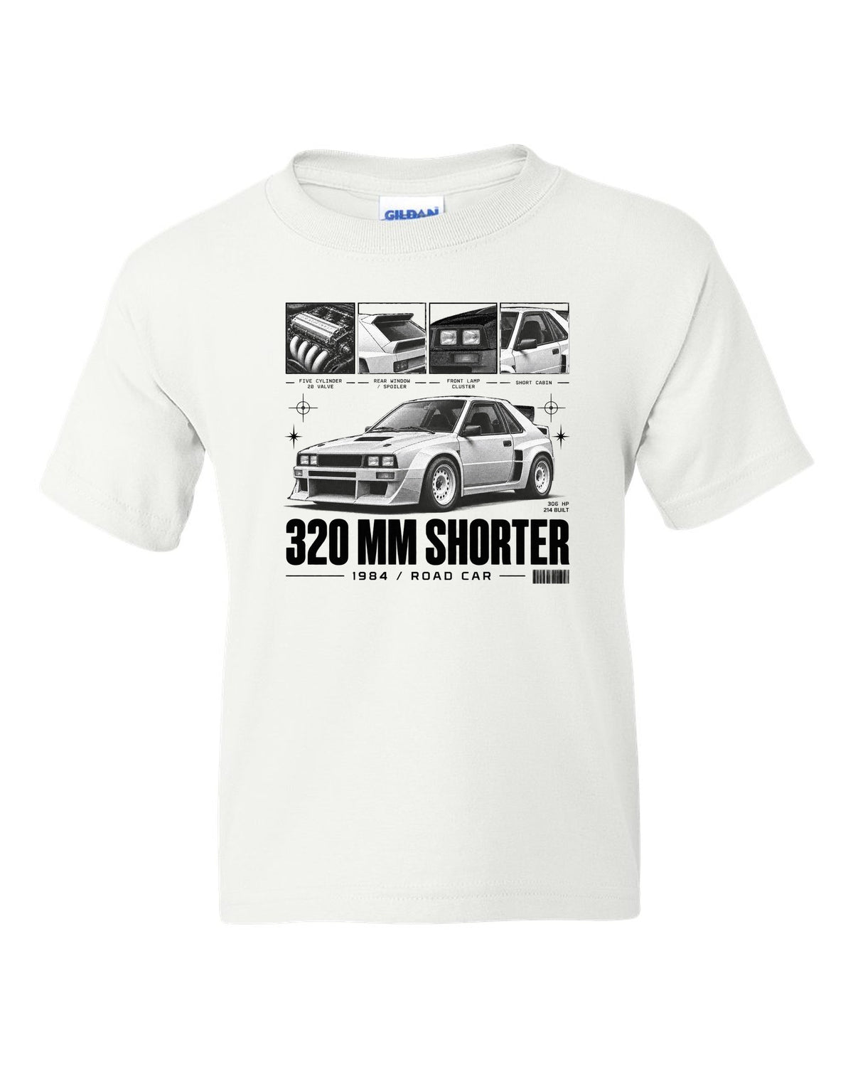 Audi Sport Quattro SWB 1984 Dossier white kids tee front view with the design