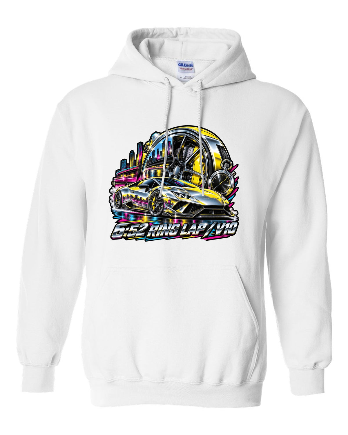 80s airbrush chrome Lamborghini Huracan Performante LP640-4 wheel and caliper with text 6:52 RING LAP / V10 white pull over hoodie front view with the design