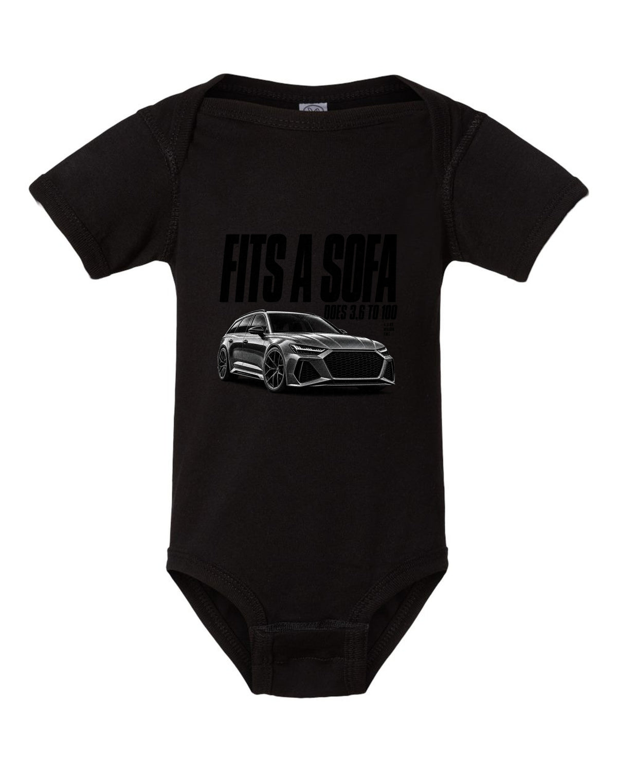 Halftone print of an Audi RS6 Avant C8 front three-quarter with Fits A Sofa caption black baby onesie front view with the design