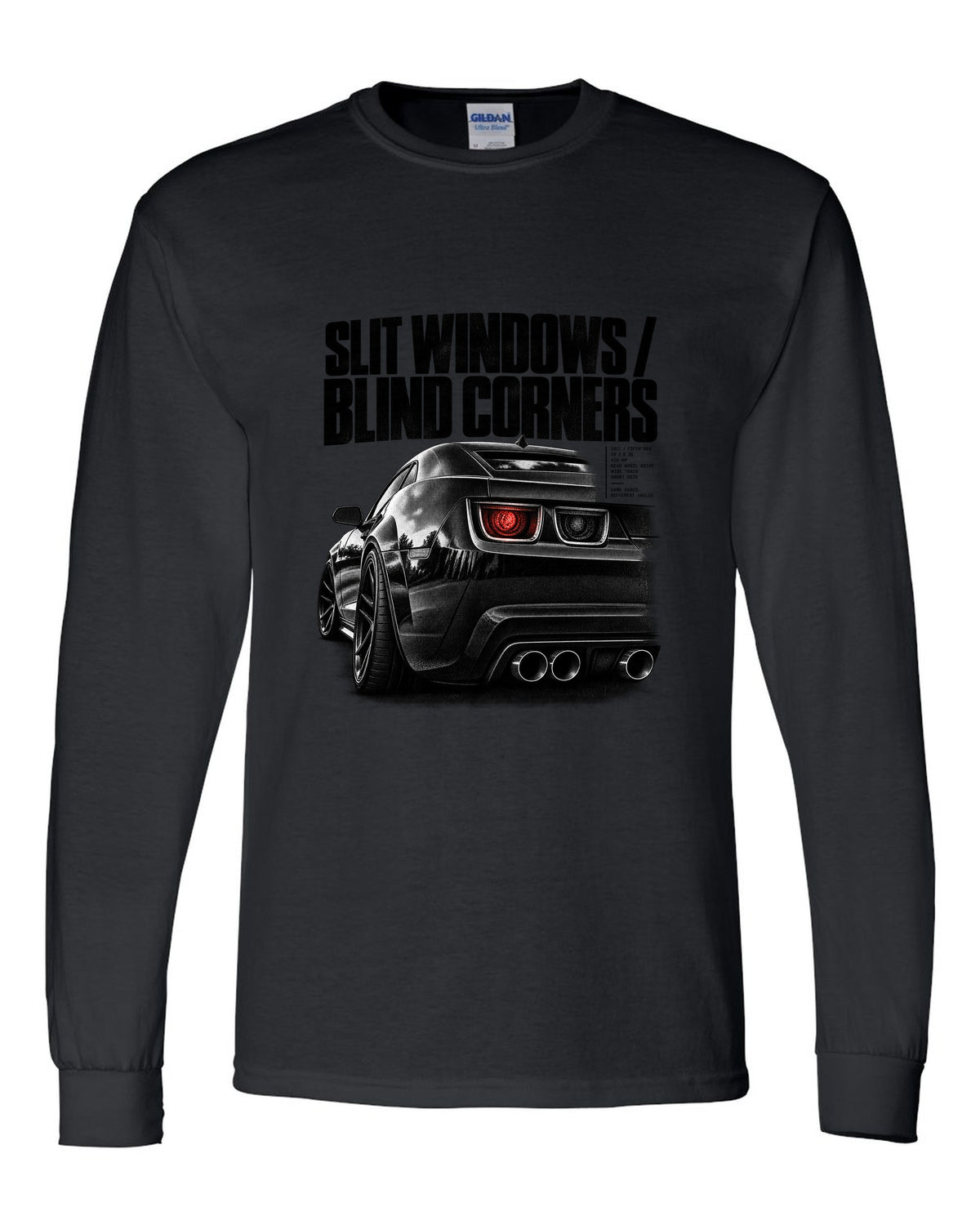 Rear three-quarter taillight print of a 2011 Chevrolet Camaro SS with slit windows text black long sleeve front view with the design