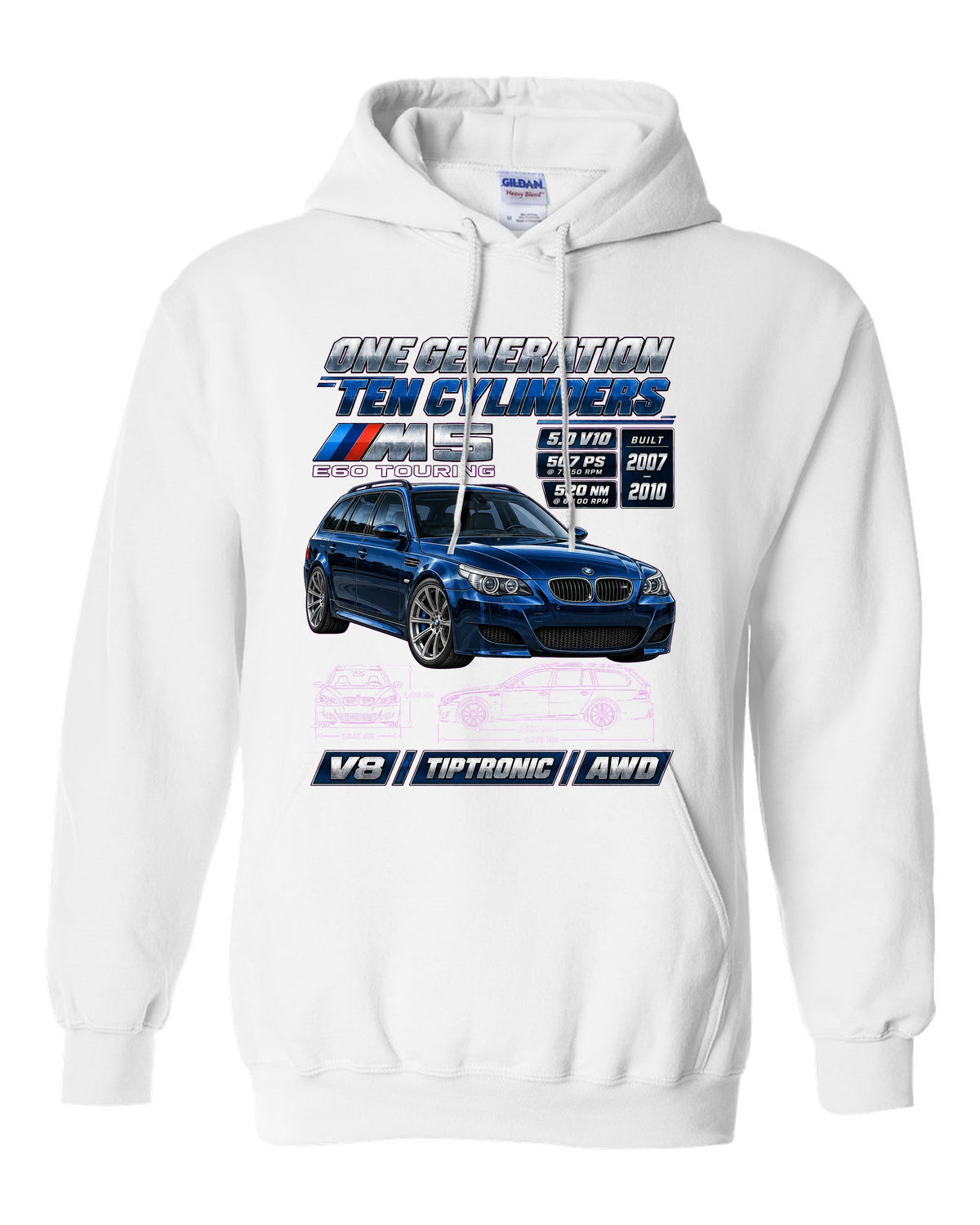 BMW M5 E60 V10 saloon spec poster print white pull over hoodie front view with the design