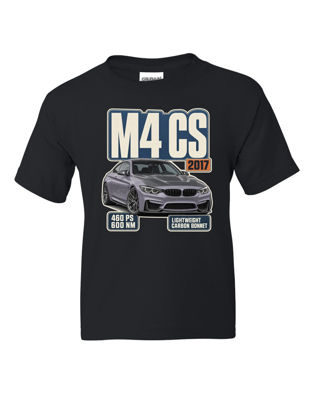 BMW M4 CS F82 editorial headline print design black kids tee front view with the design