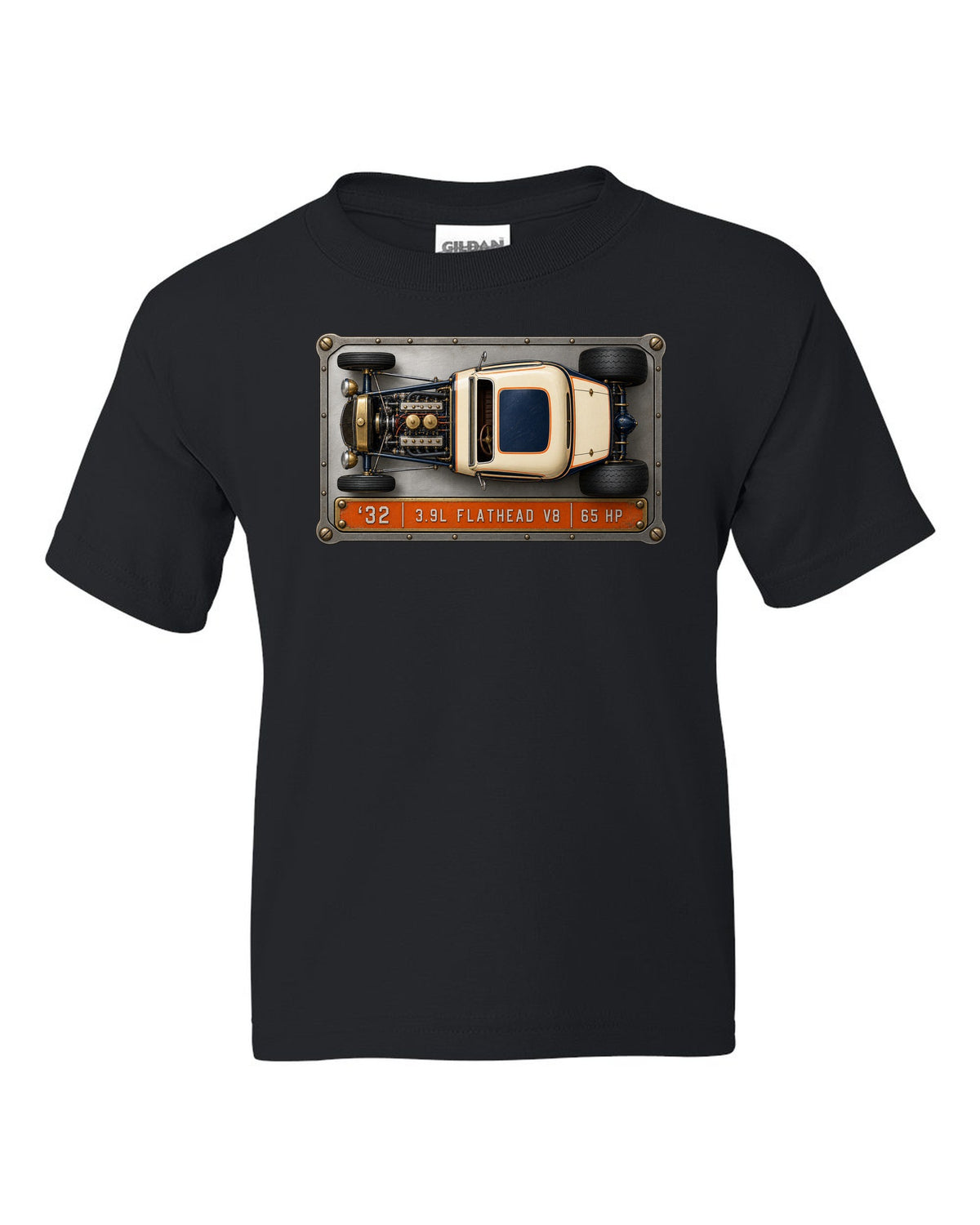 Spec sheet data plate print of a top-down 1932 Ford Deuce coupe with flathead V8 lettering black kids tee front view with the design