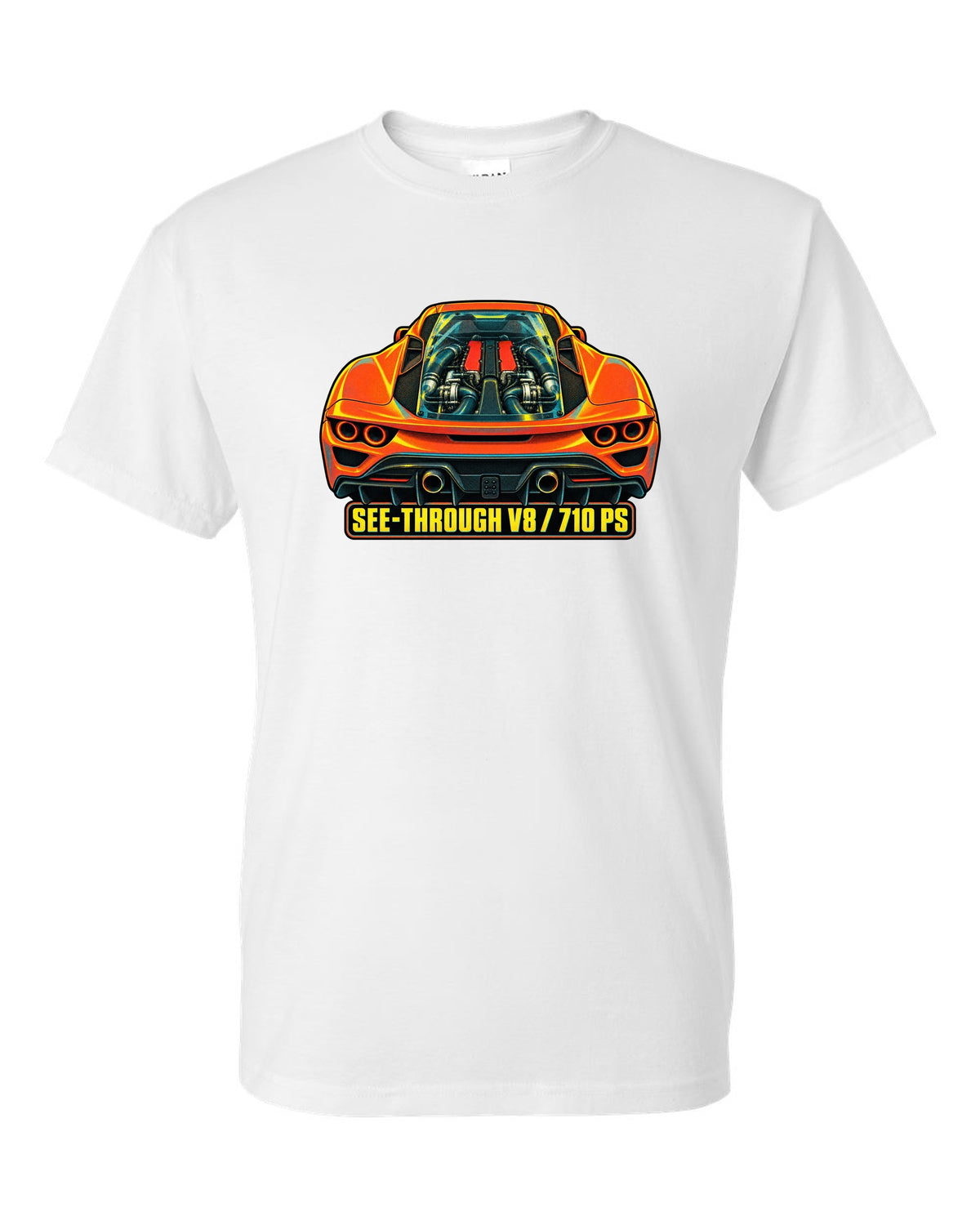Risograph style print of the Ferrari F8 Tributo transparent engine cover and V8 white t-shirt front view with the design
