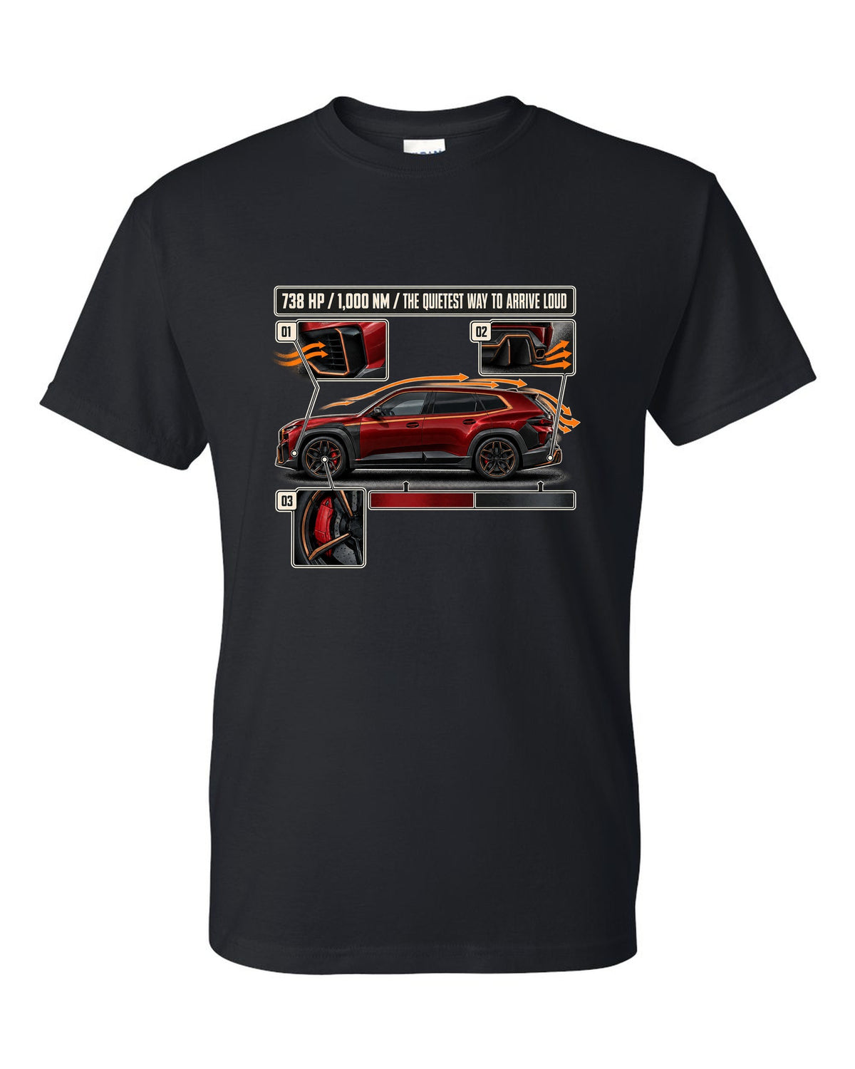 BMW XM Label Red aero cutaway callouts print on a tee black t-shirt front view with the design