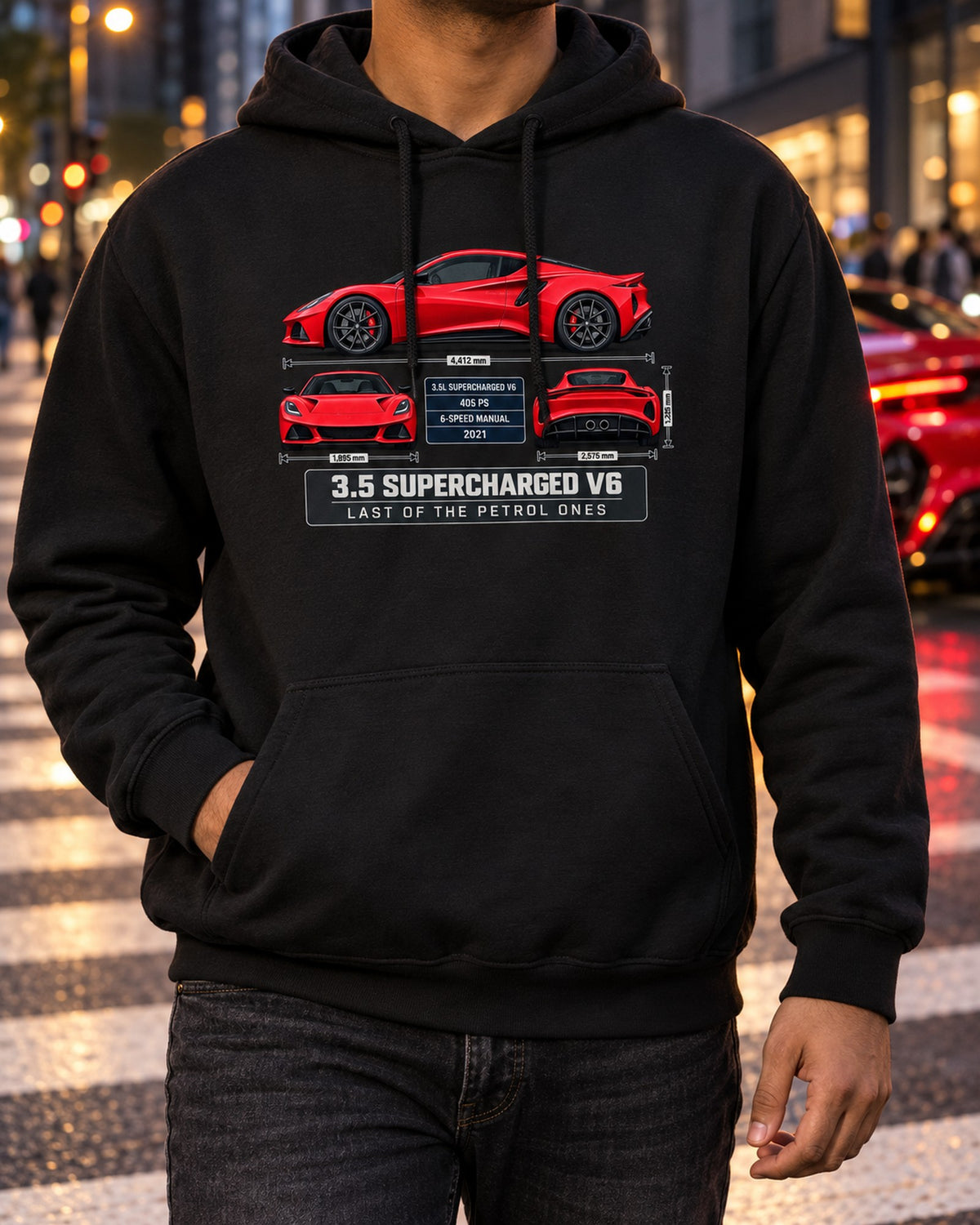 Lotus Emira V6 First Edition Spec Poster Tee, 3.5 Supercharged Pull Over Hoodie Black worn hero