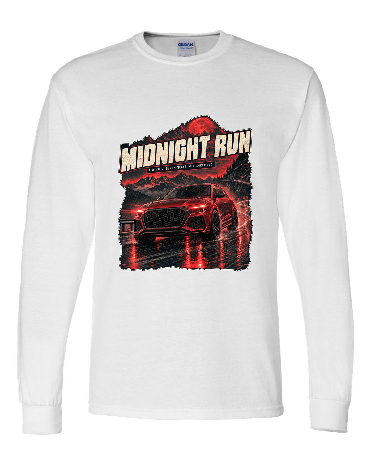 Audi RS Q8 night street scene print with midnight run text white long sleeve front view with the design