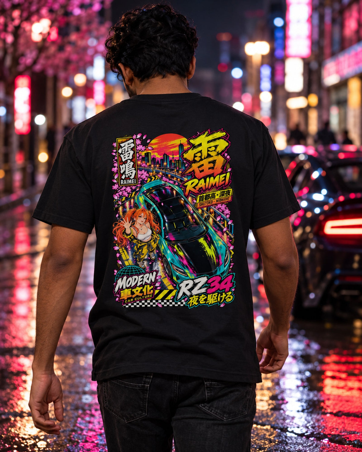 RAIMEI RZ34 Anime Girl Full-Back Graphic Tee T-Shirt Black worn hero