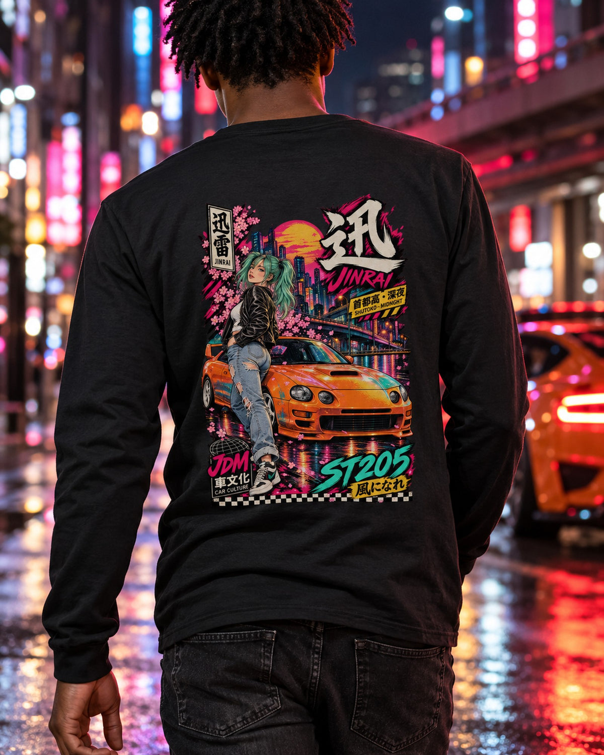 JINRAI ST205 Anime Girl Full-Back Graphic Tee Long Sleeve Black worn hero