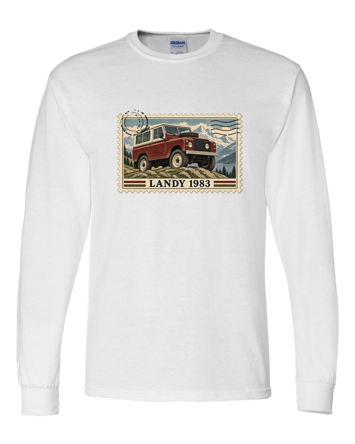 Vintage postage stamp print with perforated edge showing a Land Rover Defender 110, Landy 1983 white long sleeve front view with the design