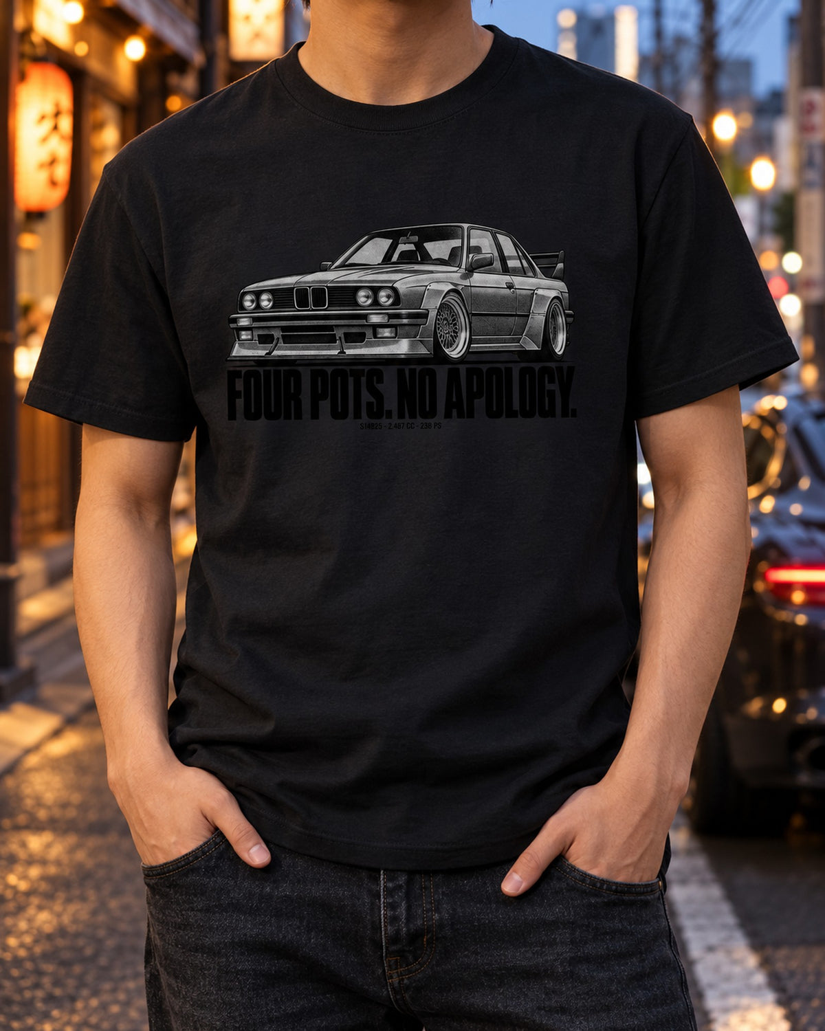 BMW E30 M3 Sport Evo S14B25 Four Pots Halftone Shirt T-Shirt Black worn hero