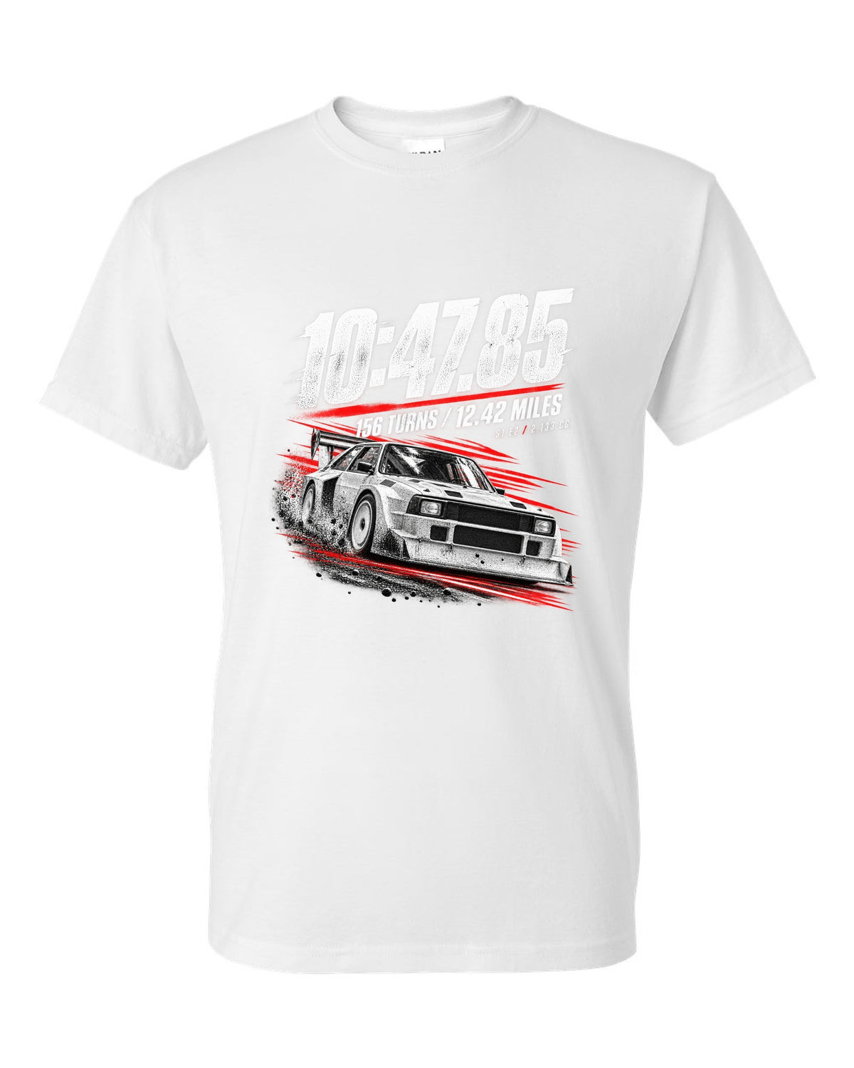 Race poster print of an Audi Sport Quattro S1 E2 with hill climb numbers white t-shirt front view with the design