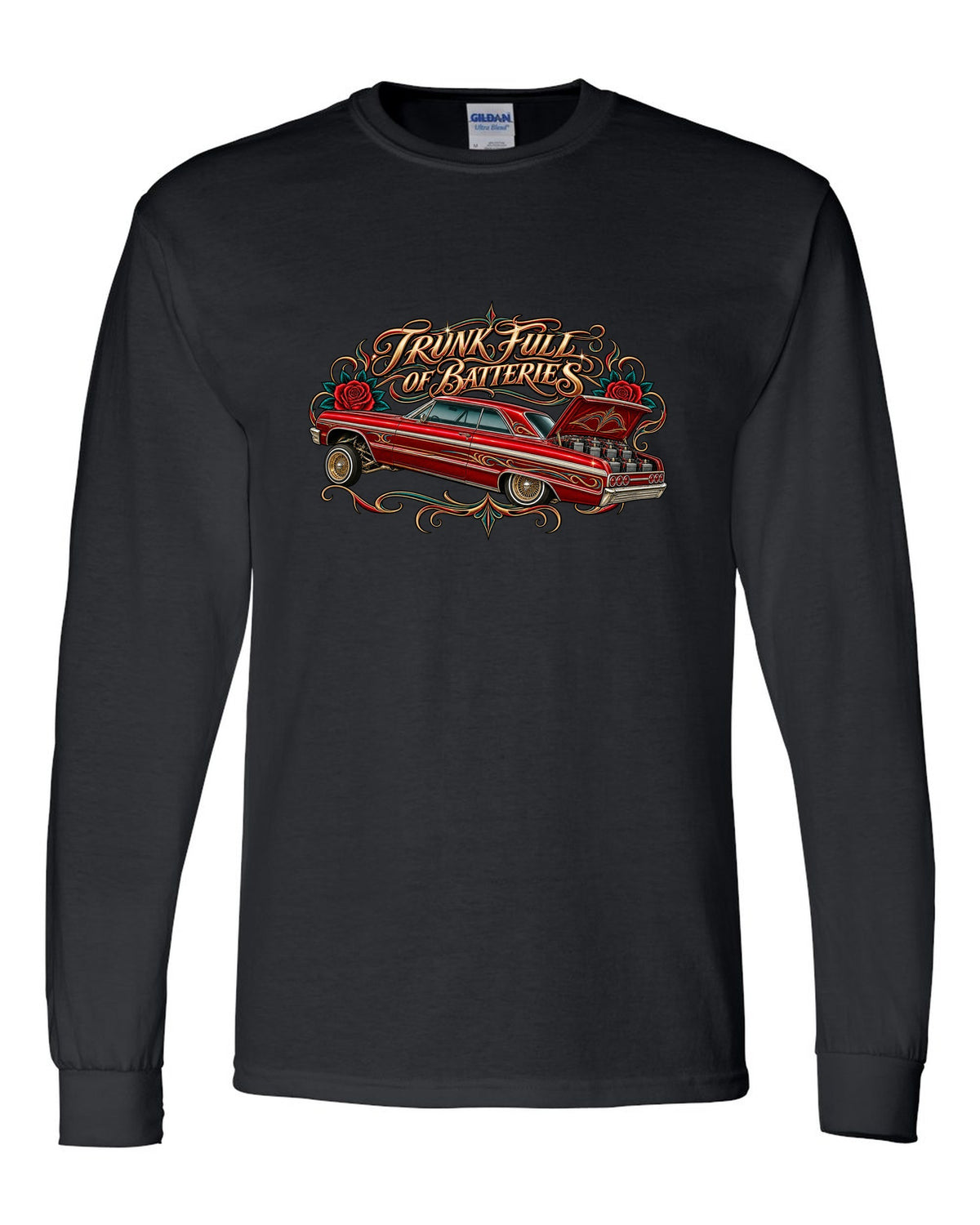 Lowrider airbrush flash illustration of a 1964 Chevrolet Impala SS with pinstripe scrolls and roses black long sleeve front view with the design