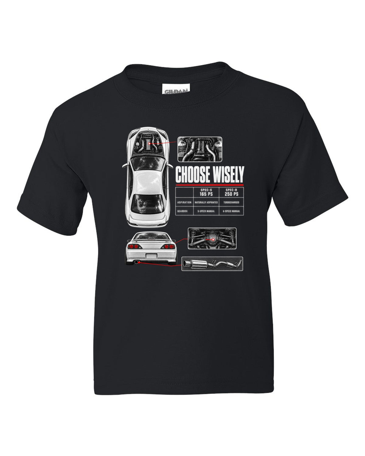 Spec poster of a Nissan Silvia S15 comparing Spec-S 165 PS and Spec-R 250 PS with Choose Wisely lettering black kids tee front view with the design