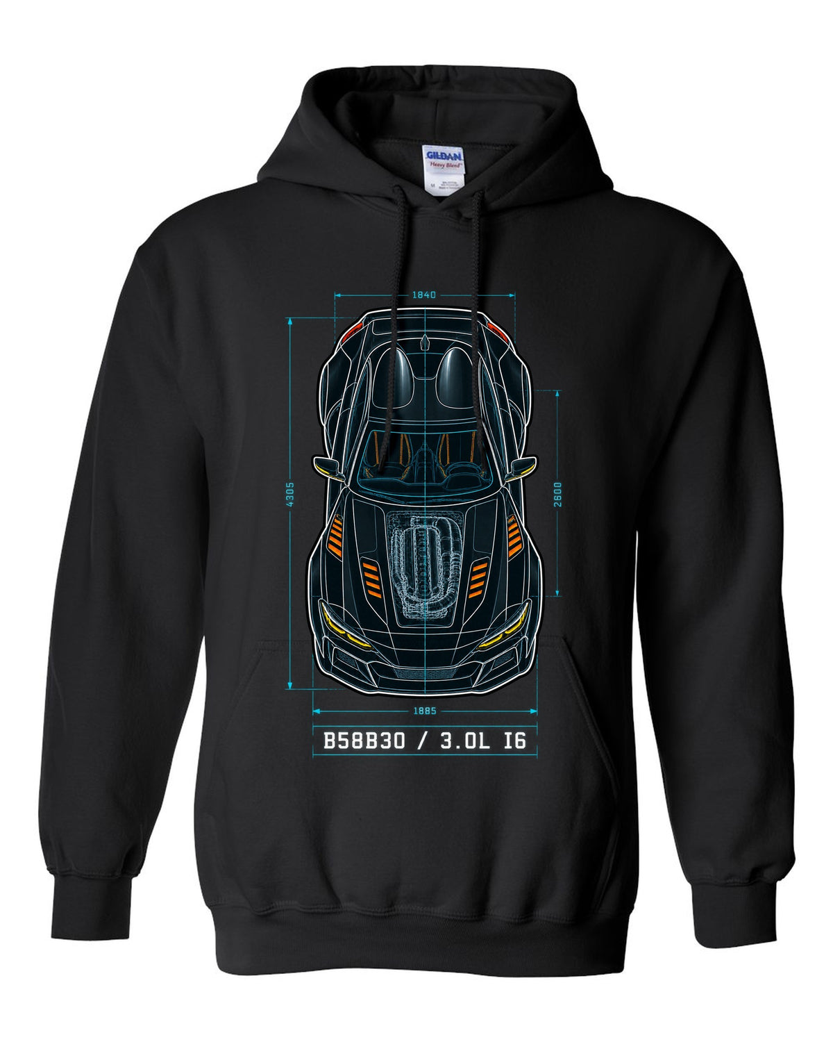 Patent-style overhead blueprint of the B58B30 3.0L inline-six in the Toyota GR Supra A90 black pull over hoodie front view with the design