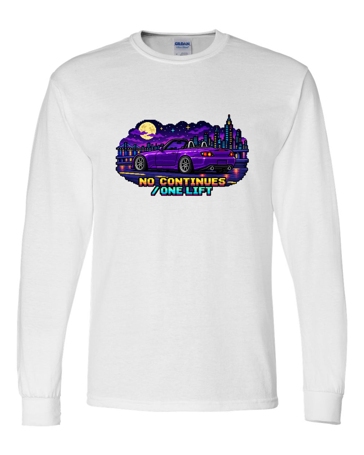 16-bit pixel art Honda S2000 AP2 roadster print with no continues one lift text white long sleeve front view with the design