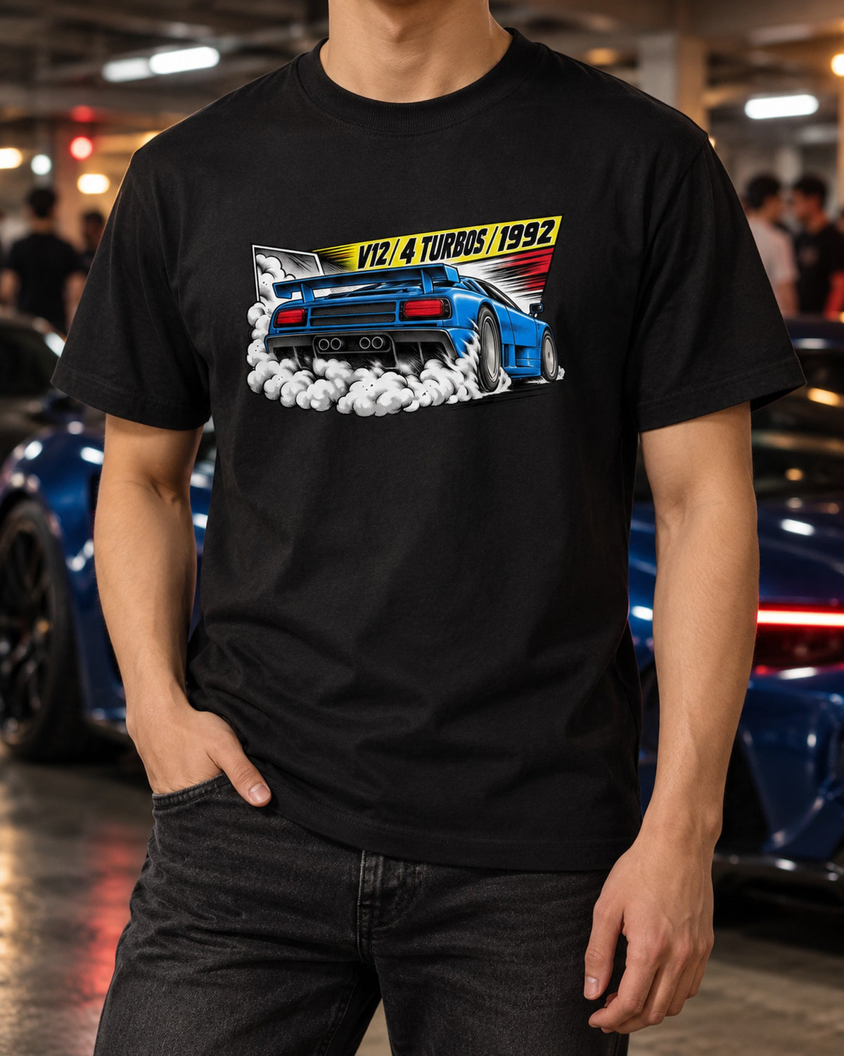 Bugatti EB110 SS Quad Turbo V12 Retro Manga Panel Graphic Tee T-Shirt Black worn hero