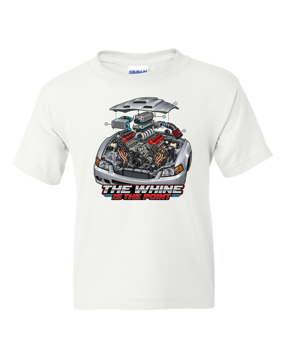 Exploded engine cutaway print of a supercharged Ford Mustang SN95 Terminator-spec white kids tee front view with the design
