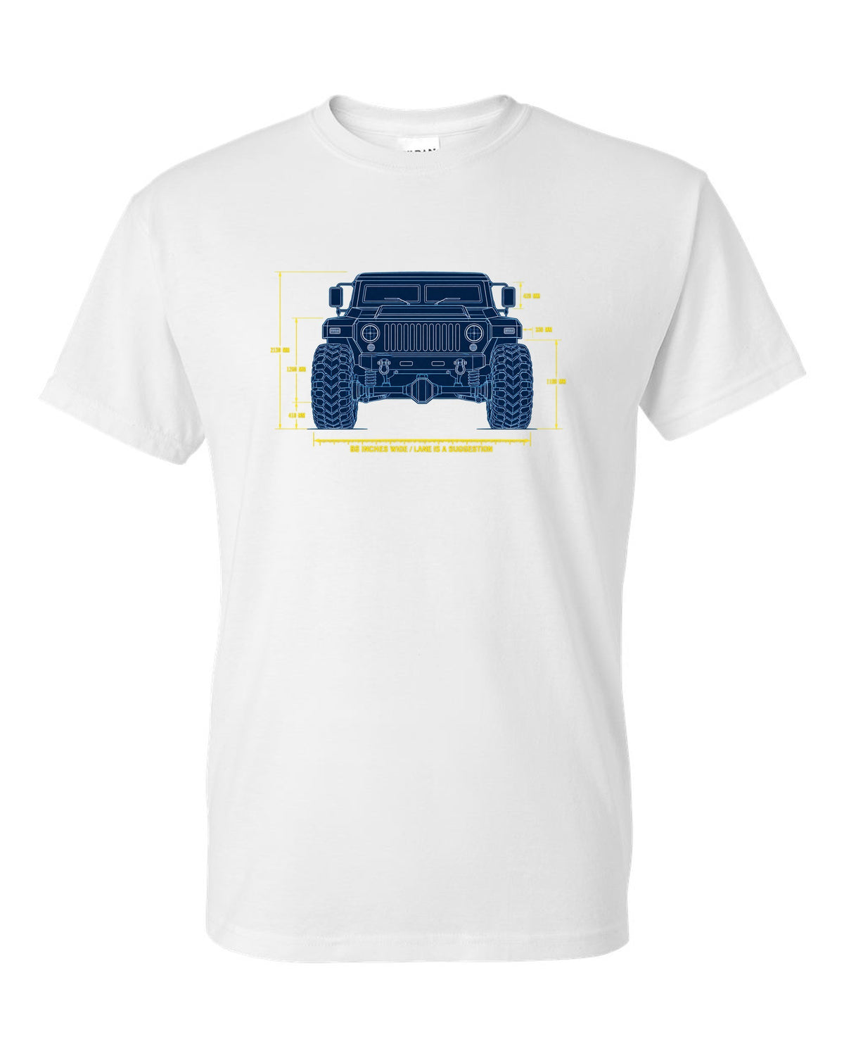 Blueprint patent line art print of the Hummer H1 M998 lineage with 86 inches wide text white t-shirt front view with the design