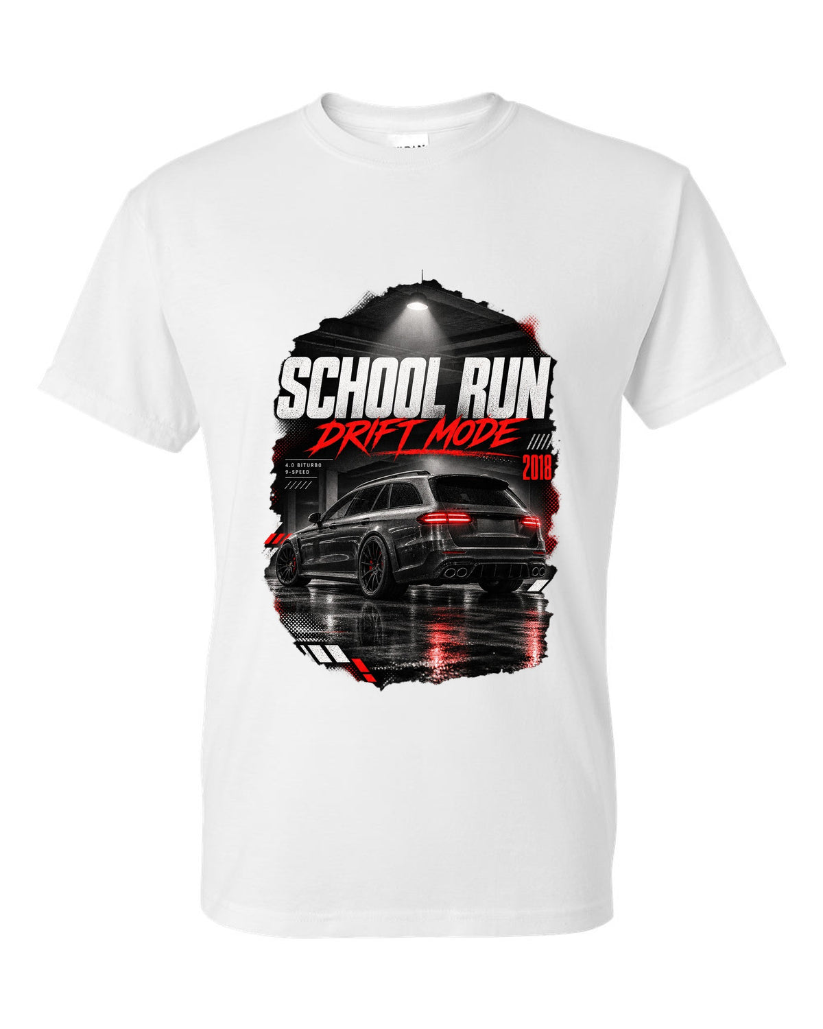 print of a Mercedes E63 S wagon S213 in a night garage with the text School Run / Drift Mode white t-shirt front view with the design