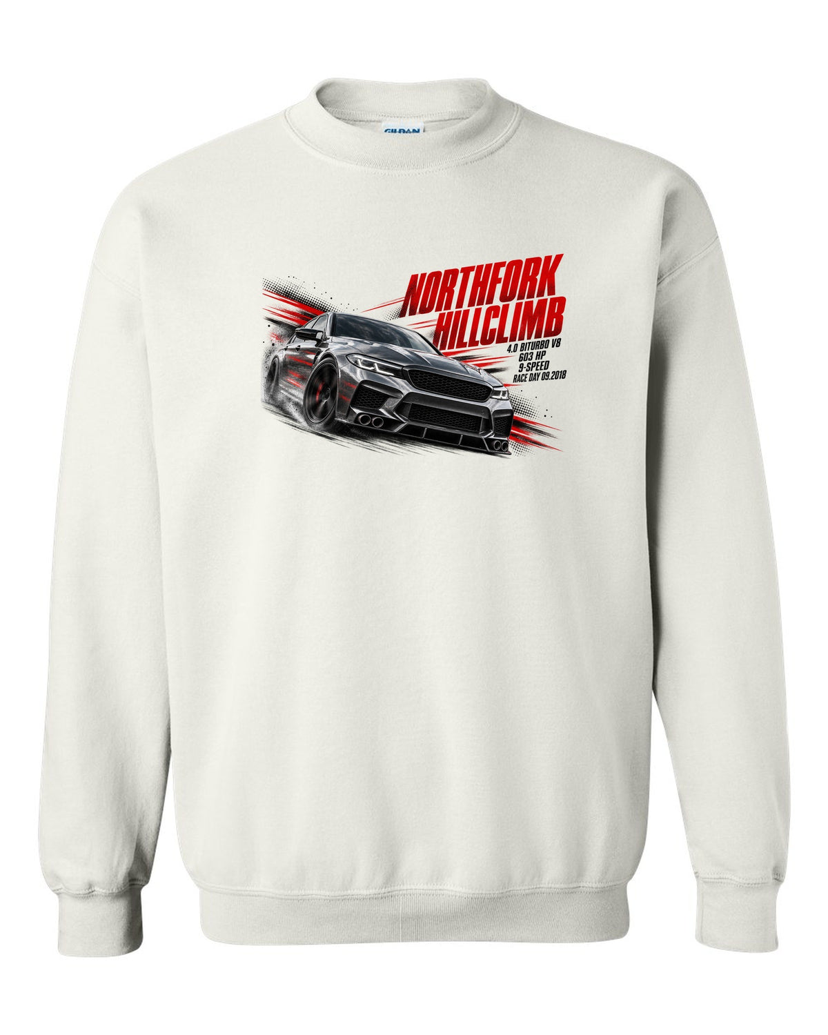 print race poster of a Mercedes W213 E63 S sedan for a hillclimb with text 4.0 Biturbo race day 09.2018 white crewneck front view with the design
