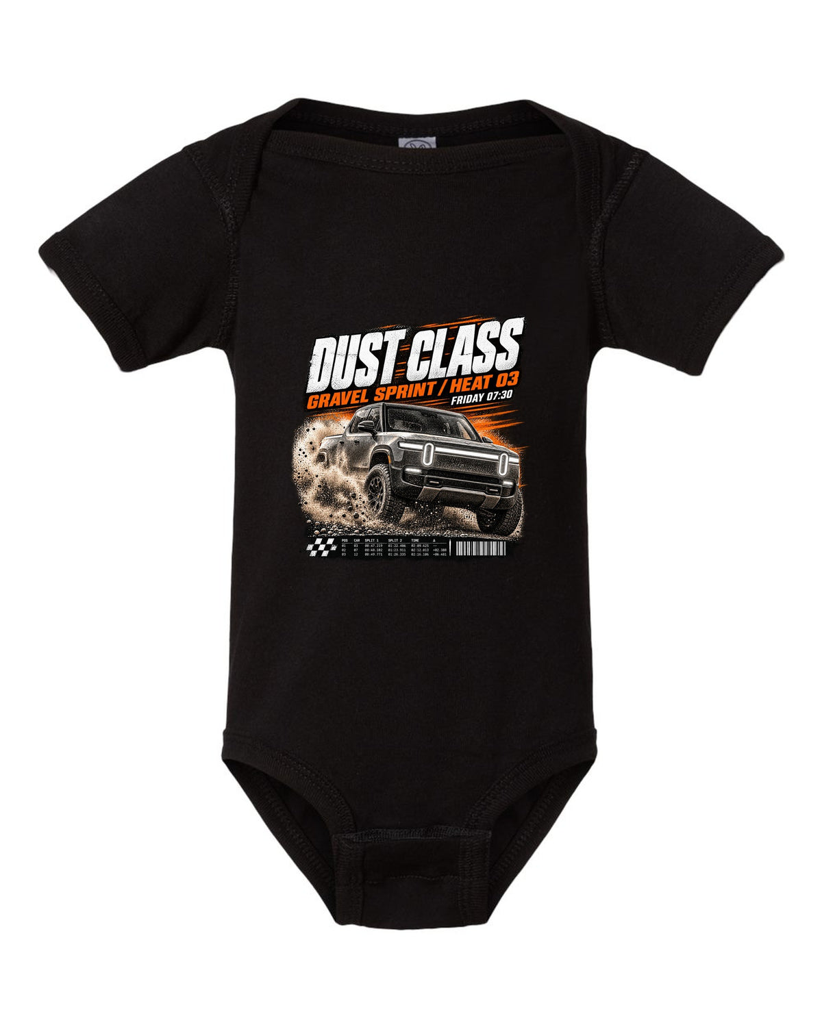 Rivian R1T Gen 2 2025 race poster reading Dust Class, gravel sprint, heat 03 black baby onesie front view with the design