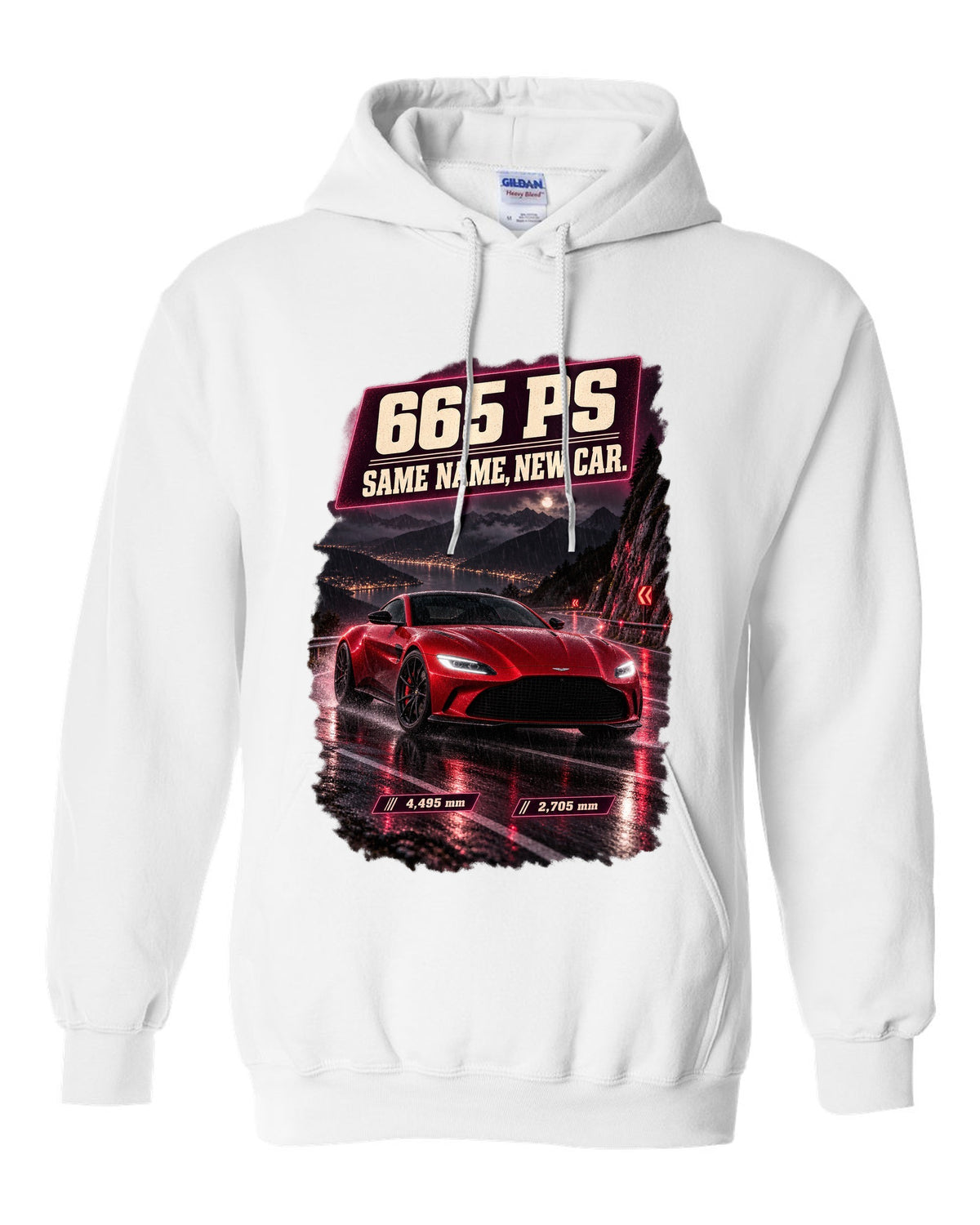 Aston Martin Vantage 2024 touge night street print with 665 PS text white pull over hoodie front view with the design