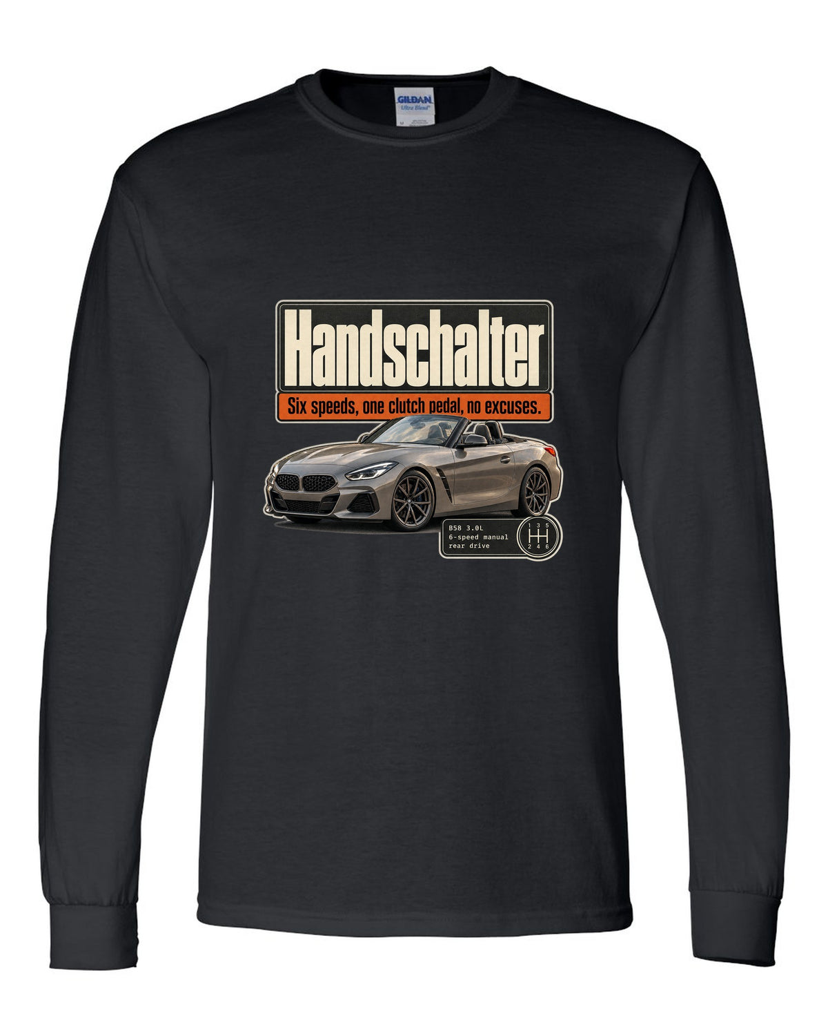 Editorial print for the BMW Z4 M40i six-speed manual labelled Handschalter black long sleeve front view with the design